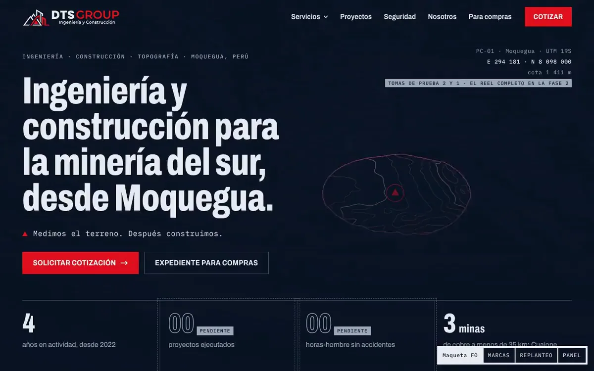 La maqueta de DTS Group en una computadora: la entrada, los sectores y el mapa del terreno